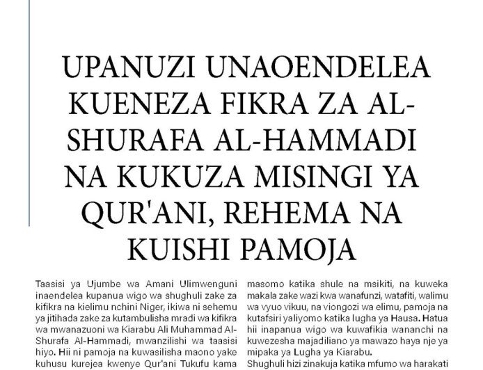 Ujumbe wa Amani Ulimwenguni Nchini Niger.. Upanuzi Unaoendelea Kueneza Fikra za Al-‎Shurafa Al-Hammadi na Kukuza Misingi ya Qur'ani, Rehema na Kuishi Pamoja